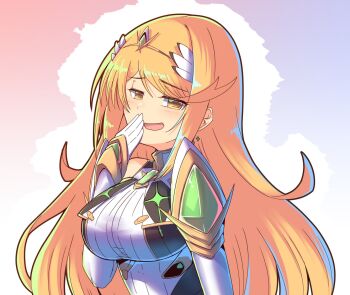 1girl arm_guards bare_shoulders blonde_hair blush breasts cat_with_a_brush chest_jewel dress earrings elbow_gloves floating_earrings furrowed_brow gloves half-closed_eyes hand_up jewelry large_breasts long_hair looking_at_viewer microdress mythra_(massive_melee)_(xenoblade) mythra_(xenoblade) neon_trim sleeveless sleeveless_dress solo swept_bangs tiara upper_body very_long_hair white_dress white_gloves xenoblade_chronicles_(series) xenoblade_chronicles_2 yellow_eyes