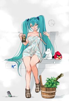1girl absurdres angry_birds aqua_eyes aqua_hair bucket finnish_flag hatsune_miku highres long_hair looking_at_viewer madyaxx moomin moomintroll naked_towel nokia_(company) red_(angry_birds) sauna sitting smile solo towel twintails very_long_hair vihta vocaloid wooden_bucket