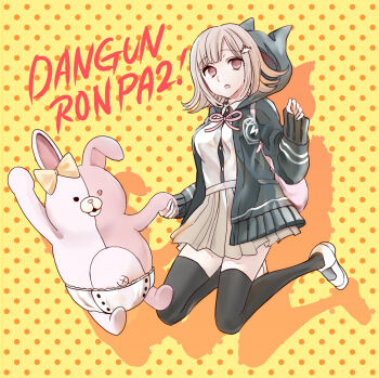 1girl :o black_thighhighs bow breasts brown_hair brown_skirt collared_shirt danganronpa_(series) danganronpa_2:_goodbye_despair diaper ear_bow flipped_hair hair_ornament hood jacket long_sleeves looking_at_viewer medium_hair monomi_(danganronpa) nanami_chiaki neck_ribbon open_clothes open_jacket pink_bag pink_eyes pink_ribbon ribbon sawai_fuyu shirt shirt_tucked_in skirt thighhighs two-tone_shirt white_shirt zettai_ryouiki