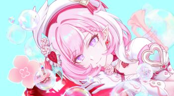 Rule 34 | 1girl, absurdres, aqua background, braid, braided bangs, bubble, chinese commentary, closed mouth, commentary request, diamond-shaped pupils, diamond (shape), earrings, elf, elysia (hi love elf) (honkai impact), elysia (honkai impact), flower, gloves, hair ornament, hat, heart, heart earrings, heart hair ornament, highres, honkai (series), honkai impact 3rd, instrument, jewelry, looking at viewer, multicolored hair, pink flower, pink hair, pink rose, pointy ears, purple eyes, revision, rose, short hair, smile, solo, streaked hair, susprin, symbol-shaped pupils, trumpet, white gloves, white hat