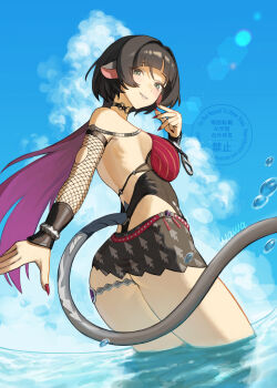 1girl absurdres animal_ears aowawaart artist_name ass bare_shoulders black_hair black_one-piece_swimsuit black_sarong blue_eyes blue_sky breasts choker cleavage cloud commentary_request fingernails fishnet_sleeves fishnets from_side hand_up highres jane_doe_(nocturne_of_light)_(zenless_zone_zero) jane_doe_(zenless_zone_zero) large_breasts leather_leotard long_hair long_tail looking_at_viewer looking_back mouse_ears mouse_girl mouse_tail multicolored_hair o-ring o-ring_choker official_alternate_costume one-piece_swimsuit outdoors red_hair red_nails red_one-piece_swimsuit sarong sky solo splashing swimsuit tail thigh_strap two-tone_one-piece_swimsuit wading water zenless_zone_zero