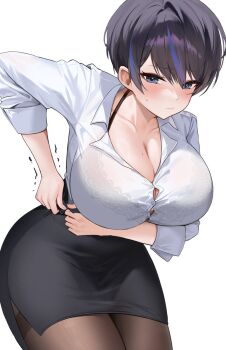 1girl black_hair black_skirt blue_eyes blue_hair blush bra bra_peek bra_visible_through_clothes breasts brown_pantyhose bursting_breasts button_gap cleavage closed_mouth collarbone collared_shirt commentary_request cowboy_shot embarrassed hanging_breasts high-waist_skirt highres leaning_forward long_sleeves mole mole_on_breast multicolored_hair office_lady original pantyhose pencil_skirt shirt short_hair simple_background skirt sleeves_rolled_up solo streaked_hair sweatdrop thighs tight_clothes tight_shirt trembling underwear white_background white_shirt zima_(win_octopus)
