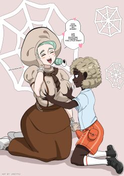 1futa 1girl age_difference blonde_hair breasts bulge closed_eyes dark-skinned_female dark_skin english_text erection erection_under_clothes futanari grabbing_another's_breast green_hair groping heart huge_breasts interracial katy_(pokemon) loli medium_penis nintendo penis pokemon pokemon_sv size_difference speech_bubble umeyiyo
