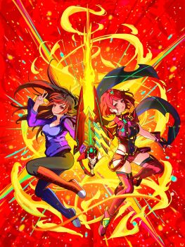 2girls aegis_sword_(xenoblade) animal_ears black_hair black_pantyhose breasts character_request chest_jewel cleavage commentary copyright_name english_commentary fire full_body highres holding holding_sword holding_weapon hood hoodie large_breasts long_hair milo_monzon multicolored_hair multiple_girls pantyhose purple_hoodie pyra_(xenoblade) red_background red_eyes red_hair red_shorts short_hair short_shorts shorts sword tiara two-tone_hair w weapon xenoblade_chronicles_(series) xenoblade_chronicles_2