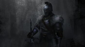 1other absurdres ambiguous_gender armor asaki_(asaki_vision) bearer_of_the_curse breastplate commentary_request dark_souls_(series) dark_souls_ii fur_collar gauntlets grey_background grey_theme grey_tunic helm helmet highres holding holding_sword holding_weapon knight other_focus pauldrons shoulder_armor solo sword tunic upper_body weapon