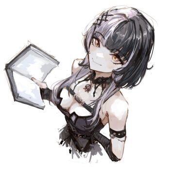 Rule 34 | 1girl, black arm warmers, black nails, breasts, chest belt, choker, coat, fur-trimmed coat, fur trim, grey hair, highres, hololive, hololive english, lace, lace choker, multicolored hair, shiori novella, shiori novella (1st costume), smile, split-color hair, striped arm warmers, tablicoart, two-tone hair, virtual youtuber, white hair, yellow eyes