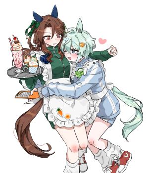 2girls animal_ears apron blue_eyes brown_hair commentary_request frilled_apron frills green_hair grey_hair heart highres horse_ears horse_girl horse_tail jersey_maid king_halo_(umamusume) maid multiple_girls protected_link red_eyes seiun_sky_(umamusume) smile tail tenshi_kaiwai umamusume unconventional_maid unseuking0427 yuri
