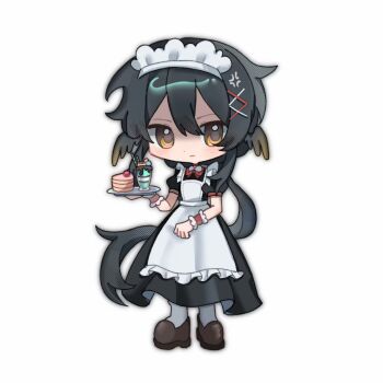 1boy alternate_costume anger_vein angry animal_ears apron bird_ears black_dress black_hair bow bowtie brown_shoes cake cake_slice character_request chibi chinese_commentary closed_mouth collared_dress commentary_request copyright_request crossdressing crossdressing_(mtf) dot_nose dress dress_shoes enmaided food frilled_apron frilled_wrist_cuffs frills full_body grey_outline grey_pantyhose hair_between_eyes hair_ornament hairclip halftone highres holding holding_tray light_blush light_frown long_hair looking_at_viewer low_ponytail maid maid_headdress male_focus male_maid mismatched_wrist_cuffs outline pantyhose parfait pink_wrist_cuffs pleated_dress ponytail puffy_short_sleeves puffy_sleeves qianwa_shi_biao real_life red_bow red_bowtie red_wrist_cuffs shaded_face shoes short_sleeves simple_background solo standing tray very_long_hair white_apron white_background wrist_cuffs x_hair_ornament yellow_eyes