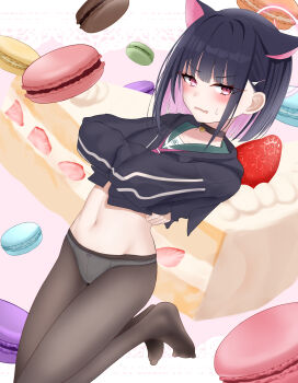 1girl absurdres animal_ears black_choker black_hair black_hoodie black_pantyhose blue_archive blunt_bangs blunt_ends blush bob_cut bow bow_panties cake cake_slice cat_choker cat_ears cat_girl choker clothes_lift colored_inner_animal_ears colored_inner_hair commentary_request crossed_arms crotch_seam dutch_angle embarrassed extra_ears eyelashes eyes_visible_through_hair fang food food-themed_background green_sailor_collar hair_behind_ear hair_ornament hairclip halo hands_up highres hood hood_down hoodie hoodie_lift kazusa_(blue_archive) knees_out_of_frame lifting_own_clothes long_sleeves looking_at_viewer macaron medium_hair mokomoko_system multicolored_hair navel no_pants no_shoes open_mouth panties panties_under_pantyhose pantyhose pink_hair pink_halo red_eyes sailor_collar school_uniform serafuku skin_fang solo stomach sweatdrop trinity_general_school_logo tsurime two-tone_hair underwear undressing v-shaped_eyebrows wavy_mouth white_panties