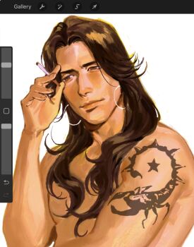 1boy arm_tattoo art_program_in_frame aston_(kunnuscumnus) brown_eyes brown_hair closed_mouth curtained_hair earrings elbow_rest hair_over_breasts highres holding hoop_earrings jewelry kunnuscumnus long_hair looking_to_the_side original parted_bangs parted_hair procreate_(medium) procreate_(software) scorpion_tattoo silver_earrings star_(symbol) star_tattoo tattoo upper_body wavy_hair white_background