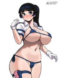 Rule 34 | 1girl, adapted costume, areola slip, artist logo, bikini, black hair, blue bikini, blue eyes, blunt bangs, blush, breasts, bright pupils, choujun! choujou senpai, closed mouth, collarbone, commentary, condom, condom packet strip, condom wrapper, cowboy shot, donburi (donburikazoku), english commentary, fanbox username, furrowed brow, gloves, hand up, highres, ippongi nao, large breasts, light frown, long hair, looking at viewer, micro bikini, navel, nose blush, patreon username, ponytail, pouch, raised eyebrows, short sleeves, shrug (clothing), side-tie bikini bottom, simple background, solo, swimsuit, thick eyebrows, thick thighs, thigh pouch, thigh strap, thighs, watermark, web address, white background, white gloves, white pupils, wing collar
