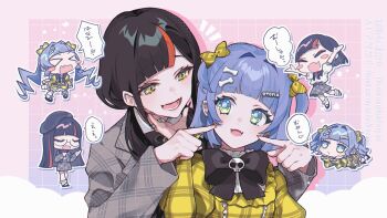 Rule 34 | 2girls, a34403178, aqua eyes, black bow, black bowtie, black hair, blue hair, bone hair ornament, bow, bowtie, chibi, chibi inset, choya hanabi, choya hanabi (2nd costume), dress, fangs, gold dress, hair bow, hair ornament, hairclip, highres, looking at another, low twintails, multiple girls, official alternate costume, short hair, skin fangs, skull brooch, smile, twintails, two side up, upper body, virtual youtuber, vspo!, yano kuromu, yano kuromu (3rd costume), yellow eyes