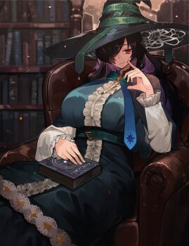 1girl black_hair blue_dress blue_necktie book bookshelf breasts center_frills chair closed_mouth colored_inner_hair commentary_request dress finger_to_cheek frills hair_over_one_eye harusame-r hat highres indoors large_breasts long_hair looking_at_viewer multicolored_hair necktie original red_eyes sitting solo witch_hat