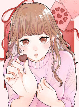 1girl absurdres blunt_bangs blush brown_eyes brown_hair candy chocolate chocolate_heart colored_inner_hair commentary_request eyebrows_hidden_by_hair fingernails food hands_up heart heart-shaped_food highres hoshi_mako looking_at_viewer multicolored_hair original parted_lips pink_sweater reaching reaching_towards_viewer solo sweater three-quarter_sleeves upper_body valentine
