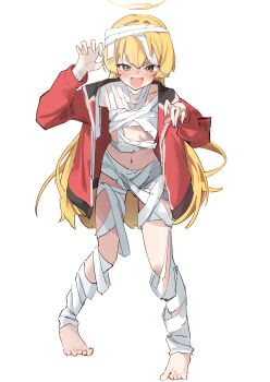 Rule 34 | 1girl, absurdres, bandages, barefoot, blonde hair, blue archive, blush, claw pose, full body, halloween, halloween costume, halo, highres, jacket, long hair, looking at viewer, mummy costume, naked bandage, navel, open clothes, open jacket, open mouth, red jacket, shiroyo (shiromeahi), simple background, solo, standing, white background, yoshimi (blue archive), yoshimi (halloween) (blue archive)