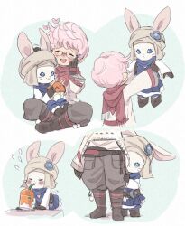 Rule 34 | animal ears, boots, carrot smoothie, doe eyes, final fantasy, final fantasy xiv, flying sweatdrops, glasses, gloves, heart, lalafell, loporrit, nomu poncha, pants, pink hair, rabbit, rabbit ears, rabbit tail, red scarf, scarf, tail, tears, turban, warrior of light (ff14)