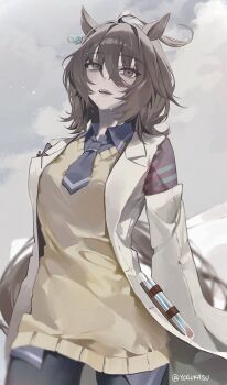 Rule 34 | 1girl, absurdres, agnes tachyon (tach-nology) (umamusume), agnes tachyon (umamusume), ahoge, animal ears, black shirt, blush, brown hair, chemical structure, collared shirt, cowboy shot, ear ornament, hair between eyes, highres, horse ears, horse girl, horse tail, lab coat, long sleeves, medium hair, necktie, open mouth, red eyes, shirt, short necktie, solo, sweater, tail, teeth, test tube, twitter username, umamusume, upper teeth only, yellow sweater, yogukasu