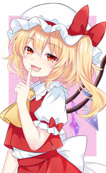 1girl ascot back_bow blonde_hair bow collared_shirt commentary_request crystal crystal_wings fang finger_to_mouth flandre_scarlet frilled_shirt_collar frills hat hat_bow highres looking_at_viewer mob_cap multicolored_wings one_side_up open_mouth red_bow red_eyes red_skirt red_vest shirt shushing skin_fang skirt skirt_set sleeve_bow smile solo tanaka_shoushou_fumimaro touhou vest white_bow white_hat white_shirt wings yellow_ascot