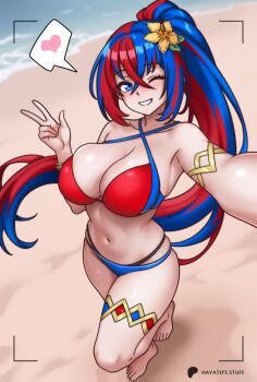 Rule 34 | 1girl, female alear (fire emblem), blue hair, breasts, crossed bangs, female alear (fire emblem), female alear (seaside dragon) (fire emblem), fire emblem, fire emblem engage, hayato stuff, heart, highres, multicolored hair, nintendo, official alternate hairstyle, red hair, split-color hair, spoken heart, two-tone hair