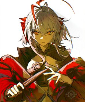 1girl ahoge antenna_hair arknights black_tube_top closed_mouth commentary crop_top cross-shaped_pupils crossed_bangs dagger demon_girl demon_horns demon_tail hair_between_eyes highres holding holding_dagger holding_knife holding_weapon horns jacket knife looking_to_the_side open_clothes open_jacket orange_eyes red_horns red_jacket solo strapless symbol-shaped_pupils tail tube_top w_(arknights) weapon white_background wide_sleeves wis&#039;adel_(arknights) yun-yang