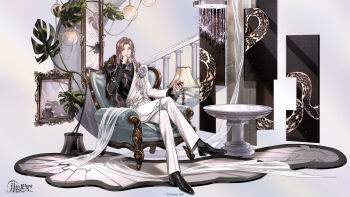 1boy alcohol armchair belt black_jacket black_shirt black_shoes broken_mirror brooch brown_hair cain_(yueying_bieshu) chair chandelier chinese_commentary closed_mouth commentary_request copyright_logo copyright_notice crossed_legs cup curtained_hair curtains dress_pants dress_shoes drinking_glass earrings expressionless fabric flower flower_brooch formal_clothes frilled_shirt_collar frilled_sleeves frills full_body gem glass_shards glint gold_ring grey_background hand_to_own_mouth hand_up hanging_light highres holding holding_cup iris_(flower) jacket jewelry lamp lapel_pin lapels leaf_earrings light_particles lips logo long_hair long_sleeves looking_at_viewer male_focus mirror monstera_deliciosa multicolored_jacket official_art pants parted_bangs peaked_lapels plant potted_plant purple_eyes purple_gem red_wine reflection round_table see-through_curtains shadow shirt shoes silver_belt silver_thighlet simple_background sitting snake_print solo stairs suit suit_jacket table thighlet two-tone_jacket v-shaped_eyebrows white_jacket white_pants wine wine_glass yueying_bieshu