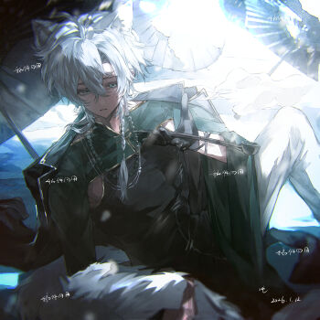 1boy absurdres animal_ears bishounen black_gloves chinese_clothes gloves hair_between_eyes highres holding holding_smoking_pipe jewelry knee_up leopard_ears leopard_tail looking_at_viewer male_focus original pants shirt short_hair sitting smoking_pipe solo tail umbrella white_hair white_pants zadun
