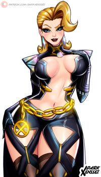 1girl absurdres artist_name blonde_hair breasts chain commentary darkxenssei earrings emma_frost emma_frost_(x-revolution) english_commentary highres huge_breasts jewelry lips looking_at_viewer marvel marvel_rivals mature_female navel patreon_logo patreon_username solo stomach thick_thighs thighs watermark web_address wide_hips x-men