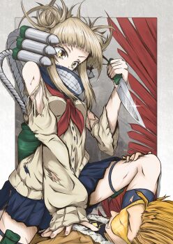 1boy 1girl absurdres backpack bag black_shirt blonde_hair blood blunt_bangs boku_no_hero_academia cardigan clenched_teeth crying crying_with_eyes_open double_bun el_genso feathered_wings fighting fur-trimmed_jacket fur_trim girl_on_top goggles gradient_background grey_background hair_bun hawks_(boku_no_hero_academia) highres holding holding_knife holding_weapon huge_filesize injury jacket knife messy_hair nail_polish neckwear_request outside_border pleated_skirt red_neckwear red_wings school_uniform scratches serafuku shine shirt short_hair skirt tears teeth thigh_strap tinted_eyewear toga_himiko torn_clothes weapon wings yellow-tinted_eyewear yellow_eyes