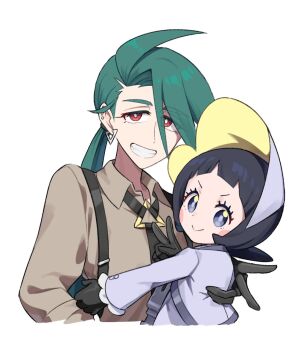 2girls :&gt; androgynous black_gloves black_hair black_necktie blush_stickers botamochi_(exwelder) bright_pupils brown_shirt closed_mouth collared_shirt dress earrings gloves green_hair grey_bonnet grey_dress grey_eyes grey_pupils grin highres jewelry long_hair long_sleeves looking_at_viewer multiple_girls necktie nintendo pokemon pokemon_sv ponytail poppy_(pokemon) red_eyes reverse_trap rika_(pokemon) shirt short_hair simple_background smile suspenders triangle_earrings upper_body v white_background white_pupils