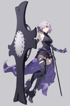 1girl absurdres armored_boots armored_leotard bare_shoulders belt black_gloves black_leotard boots commentary elbow_gloves fate/grand_order fate_(series) full_body gloves grey_background hair_over_one_eye high_heel_boots high_heels highres leotard looking_at_viewer lord_camelot_(fate) mash_kyrielight mash_kyrielight_(demi-servant) mengaijiang924 o-ring o-ring_belt parted_lips plackart purple_belt purple_eyes purple_hair sheath sheathed shield short_hair simple_background solo standing sword thigh_boots thigh_strap waist_cape weapon