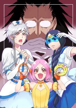 1boy 3girls absurdres anno_im bishoujo_senshi_sailor_moon black_hair bleach child cosplay costume elbow_gloves fong_pudding glasses gloves grey_hair highres kotetsu_isane kusajishi_yachiru long_hair medium_hair mew_pudding multiple_girls open_mouth pink_hair sailor_mercury sailor_mercury_(cosplay) short_hair sidelocks skirt unohana_retsu zaraki_kenpachi