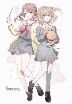 2girls absurdres aqua_eyes asymmetrical_sidelocks blonde_hair blue_eyes blush breasts brown_hair brown_shoes cardigan character_request check_character collarbone commentary_request commission diml1ght drumsticks eighth_note full_body grey_serafuku grey_shirt grey_skirt hair_between_eyes hand_up highres holding holding_drumsticks holding_stuffed_toy kneehighs korean_commentary loafers long_sleeves looking_at_viewer medium_breasts medium_hair miyamasuzaka_girls'_academy_school_uniform mochizuki_honami multiple_girls musical_note neckerchief one_side_up open_cardigan open_clothes original parted_lips pleated_skirt project_sekai red_neckerchief sailor_collar school_uniform serafuku shirt shoes side_ponytail sidelocks simple_background skirt smile socks standing star_(symbol) stuffed_animal stuffed_toy thighhighs white_sailor_collar white_socks white_thighhighs yellow_cardigan zettai_ryouiki