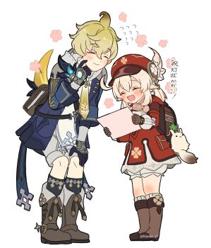 Rule 34 | 1boy, 1girl, absurdres, aoyagi (ao0701yagi), backpack, bag, black gloves, blonde hair, bloomers, blush, boots, brown footwear, brown gloves, newsboy cap, closed eyes, commentary request, dodoco (genshin impact), flower symbol, flying sweatdrops, genshin impact, gloves, hair between eyes, hand on own knee, hat, hat feather, highres, klee (genshin impact), knee boots, kneehighs, long sleeves, low twintails, mika (genshin impact), pointy ears, shorts, socks, standing, translation request, twintails, twitter username, underwear, vision (genshin impact)