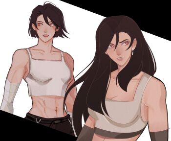 Rule 34 | 1girl, abs, alternate hair length, alternate hairstyle, bandaged arm, bandages, bare shoulders, breasts, bright pupils, brown hair, collarbone, commentary, crop top, earrings, english commentary, eyelashes, final fantasy, final fantasy vii, hair between eyes, highres, jewelry, lips, long hair, midriff, multiple views, navel, red eyes, shirt, short hair, simple background, sleeveless, sleeveless shirt, tifa lockhart, toned, toned female, uptilmoon, white pupils, white shirt
