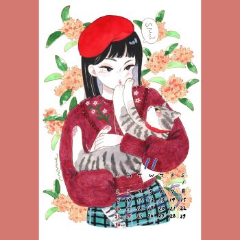 Rule 34 | 1girl, animal, animal collar, beret, black eyes, black hair, blush, border, calendar (medium), cat, collar, colored inner hair, colored skin, commentary, cowboy shot, emamemamo33, floral background, floral print, flower, gold osmanthus, green skirt, grey cat, hair behind ear, hat, highres, holding, holding animal, holding cat, long sleeves, multicolored hair, november, orange flower, original, osmanthus, painting (medium), pink lips, red border, red sweater, signature, skirt, solo, speech bubble, sweater, traditional media, translated, white background, white skin