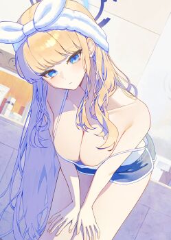 1girl absurdres bare_shoulders bent_over blonde_hair blue_archive blue_eyes bow breasts cleavage dolphin_shorts halo hand_on_own_knee headband highres long_hair looking_at_viewer looking_down medium_breasts sbgu shorts strap_slip toki_(blue_archive) wet wet_hair white_headband