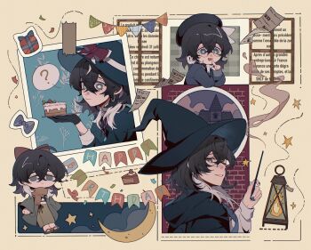 Rule 34 | 1girl, ?, beret, black gloves, black hair, blue hat, blue nails, bow, brown scarf, cake, chibi, chibi inset, closed mouth, crossed bangs, earrings, eyelashes, fingernails, food, glasses, gloves, green eyes, grin, hair between eyes, hair bow, hat, highres, holding, holding wand, hood, hood down, jewelry, lamp, large hat, long sleeves, looking at viewer, multicolored hair, multiple views, nail polish, one eye closed, original, paper, plate, red bow, scarf, sidelocks, smile, speech bubble, star (symbol), streaked hair, string of flags, stud earrings, two-tone hair, upper body, wand, window, witch hat, yuuiii