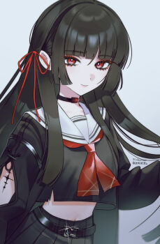 1girl absurdres arm_cutout black_choker black_hair black_serafuku black_shirt black_skirt chisa_(wuthering_waves) choker closed_mouth clothing_cutout commentary_request crop_top hair_ribbon highres hime_cut long_hair long_sleeves looking_at_viewer neckerchief partial_commentary red_eyes red_neckerchief red_ribbon ribbon sailor_collar school_uniform serafuku shirt skirt smile solo tacet_mark_(wuthering_waves) ume_(yuuki-110813) white_sailor_collar wuthering_waves
