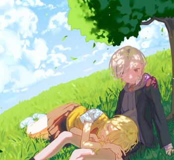 1boy 1girl alternate_costume black_jacket black_skirt blonde_hair couple genshin_impact grey_hair hetero highres jacket jwuopxx lap_pillow lumine_(genshin_impact) lyney_(genshin_impact) outdoors purple_eyes short_hair skirt sleeping tree under_tree