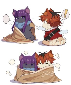 ! absurdres animal animal_ear_fluff animal_with_hair animalization antenna_hair black_hair blank_speech_bubble cat clothed_animal commentary fern_(sousou_no_frieren) highres j_humbo jacket long_hair long_sleeves looking_at_viewer no_humans pout purple_eyes purple_hair red_hair red_jacket scarf shared_blanket simple_background sousou_no_frieren speech_bubble spoken_exclamation_mark stark_(sousou_no_frieren) straight_hair symbol-only_commentary white_background