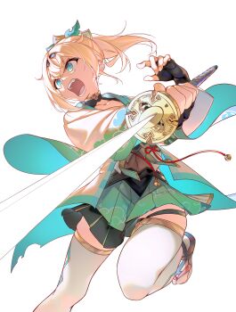 1girl absurdres aqua_skirt black_gloves black_hairband black_shrug black_skirt blonde_hair bow clothing_cutout commentary covered_navel cowlick determined double-parted_bangs egasumi fighting_stance fingerless_gloves foot_out_of_frame gloves hair_bow hairband hakama hakama_short_skirt hakama_skirt haori high_collar highres hip_vent holding holding_sword holding_weapon hololive japanese_clothes katana kazama_iroha kazama_iroha_(1st_costume) kimono looking_at_viewer medium_hair miniskirt multicolored_bow multicolored_skirt namonaki_yamada open_mouth overexposure pleated_skirt ponytail sandals shrug_(clothing) sidelighting simple_background skirt solo sword tabi thigh_strap thighhighs v-shaped_eyebrows virtual_youtuber weapon white_background white_haori white_kimono white_thighhighs zouri