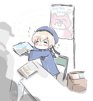 1boy 1girl 2others :3 black_cat black_neckerchief black_ribbon blonde_hair blue_dress blue_hat blue_sailor_collar blush book book_stack box cardboard_box cat chair closed_eyes convention dress facing_another flag flying_sweatdrops folding_chair german_text hair_between_eyes happy hat hat_ribbon heart holding holding_book kantai_collection karin_bluez3 long_sleeves multiple_others neckerchief outstretched_arms poster_(object) ribbon sailor_collar sailor_dress short_dress short_hair standing translated unsinkable_sam wide_sleeves z1_leberecht_maass_(kancolle)