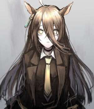 1girl ahoge animal_ears artist_name black_choker black_coat black_hair black_shirt choker closed_mouth coat colored_inner_animal_ears contrast_collar ear_ornament ear_tag earrings expressionless gensou_aporo horse_ears horse_girl jewelry long_hair long_sleeves looking_at_viewer manhattan_cafe_(creeping_black)_(umamusume) manhattan_cafe_(umamusume) multicolored_hair necktie open_clothes open_coat shirt signature single_earring solo umamusume very_long_hair white_hair yellow_necktie
