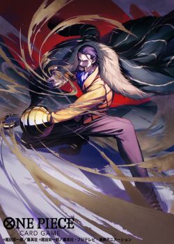 Rule 34 | 1boy, ascot, black hair, blue ascot, cigar, coat, coat on shoulders, commentary request, copyright name, crocodile (one piece), full body, fur-trimmed coat, fur trim, hair slicked back, highres, hook hand, jewelry, male focus, namahamu913, official art, one piece, one piece card game, orange vest, pants, ring, sand, short hair, solo, squatting, stitched face, stitches, vest