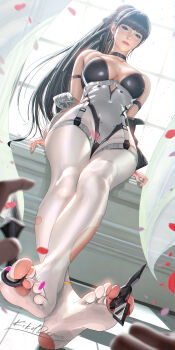 1girl 1other between_toes black_choker black_hair breasts brown_eyes chair choker cleavage commentary covered_navel curtains english_commentary eve_(stellar_blade) falling_leaves feet foot_focus high_ponytail highres holding_with_feet large_breasts leaf leotard liang_xing lips long_hair pantyhose parted_lips ponytail pov pov_hands shuriken sitting solo stellar_blade toes very_long_hair weapon white_leotard