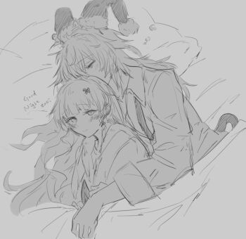 2girls aoi_(aoisaka) bags_under_eyes bed blush closed_eyes closed_mouth collared_shirt commentary curled_horns english_commentary english_text greyscale hair_ornament highres horn_cover horns hug hug_from_behind long_hair monochrome multiple_girls phoebe_(wuthering_waves) pillow shirt sketch smile tail under_covers wuthering_waves x_hair_ornament yuri zani_(wuthering_waves)