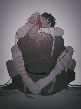 2boys arm_around_neck bandaged_arm bandaged_leg bandages blade_(honkai:_star_rail) blush closed_eyes commentary english_commentary grey_background greyscale hair_ribbon hand_in_another's_hair highres honkai:_star_rail honkai_(series) jing_yuan long_hair male_focus monochrome multiple_boys pants parted_hair ponytail ribbon rz5on shirt sitting sitting_on_lap sitting_on_person spot_color yaoi
