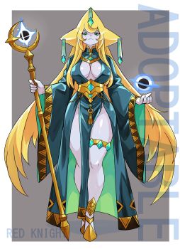 1girl absurdres adoptable alternate_breast_size_(larger) arms_up artist_name blonde_hair blue_eyes border breasts cleavage_cutout clenched_hand clogs closed_mouth clothing_cutout commentary crescent eclipse energy english_commentary female_focus full_body gen_3_pokemon gold grey_background groin hair_over_shoulder highres humanization jewelry jirachi large_breasts legendary_pokemon long_hair mythical_pokemon nintendo pelvic_curtain pokemon priestess red_knight_(thescarlknight) sash shiny_skin side_slit simple_background smash_ball smile solo staff standing star_(symbol) straight-on strappy_heels super_smash_bros. super_smash_bros._logo tag thick_thighs thighlet thighs turtleneck very_long_hair wide_sleeves yellow_tirm