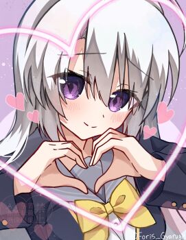 Rule 34 | 1girl, ayachi nene, black jacket, blush, bow, bowtie, closed mouth, commentary request, diamond-shaped pupils, diamond (shape), eyes visible through hair, fo ris, grey hair, grey sailor collar, hair between eyes, heart, heart hands, highres, jacket, long hair, long sleeves, looking at viewer, open clothes, open jacket, purple background, purple eyes, raised eyebrows, sailor collar, sanoba witch, school uniform, serafuku, shirt, simple background, smile, solo, split mouth, symbol-shaped pupils, twitter username, upper body, watermark, white shirt, yellow bow, yellow bowtie