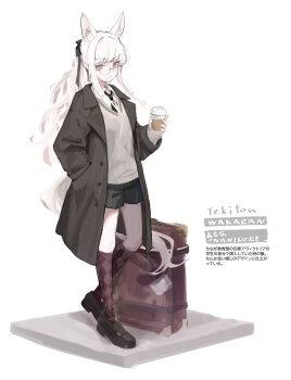 1girl absurdres animal_ear_fluff animal_ears arknights black_coat black_eyes black_necktie black_shoes black_shorts brown_socks closed_mouth coat collared_shirt commentary cup death_unagi disposable_coffee_cup disposable_cup drink full_body glasses grey_sweater hand_in_pocket highres holding holding_drink kneehighs lapels loafers long_hair long_sleeves looking_at_viewer necktie open_clothes open_coat platinum_(arknights) round_eyewear shirt shoes short_shorts shorts simple_background socks solo standing sweater translation_request white_background white_hair white_shirt